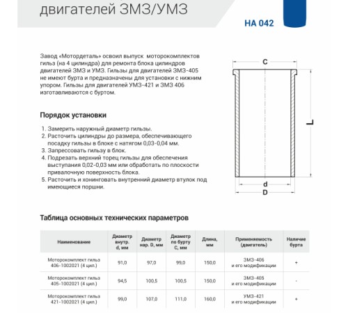 Моторокомплект гильз 406-1002021 МД